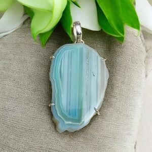 Green Banded Lace Agate Silver Pendant